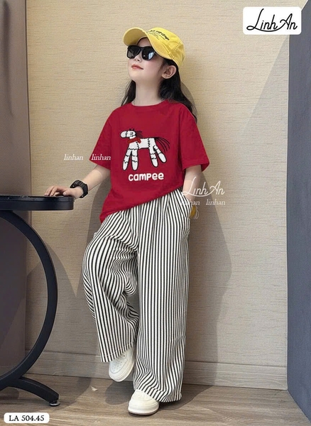 Bộ cộc tay SIZE BÉ Campee Linh An quần kẻ dài bé gái 3 màu hình Ngựa