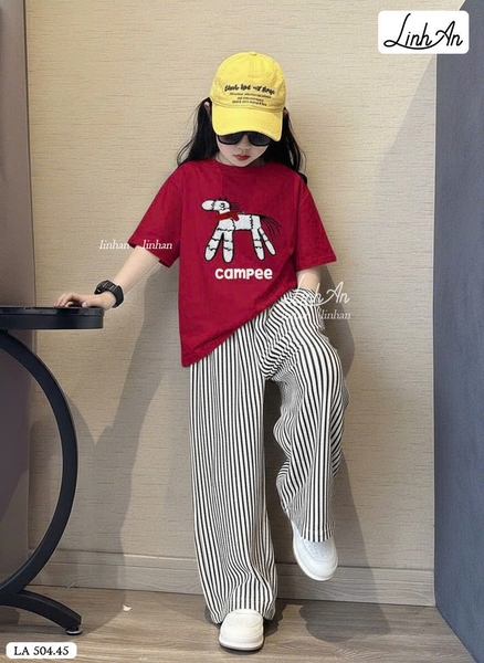 Bộ cộc tay SIZE BÉ Campee Linh An quần kẻ dài bé gái 3 màu hình Ngựa