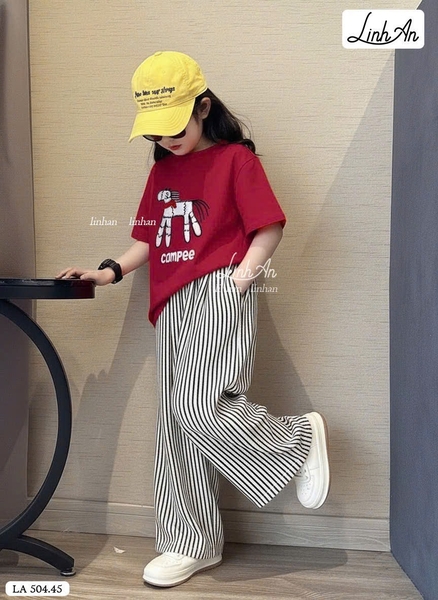 Bộ cộc tay SIZE BÉ Campee Linh An quần kẻ dài bé gái 3 màu hình Ngựa