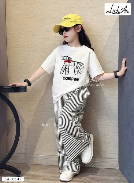 Bộ cộc tay SIZE BÉ Campee Linh An quần kẻ dài bé gái 3 màu hình Ngựa