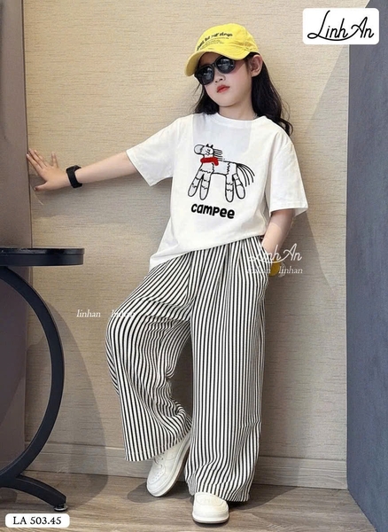 Bộ cộc tay SIZE BÉ Campee Linh An quần kẻ dài bé gái 3 màu hình Ngựa
