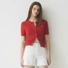 Áo SPAO len tăm cộc tay cài khuy thêu gấu 4 màu Xanh than, Be, Ghi, Đỏ đô