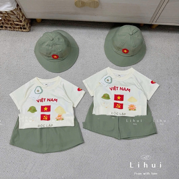 Set 3 món tone be xanh rêu Việt Nam độc lập kèm mũ cho bé trai và bé gái