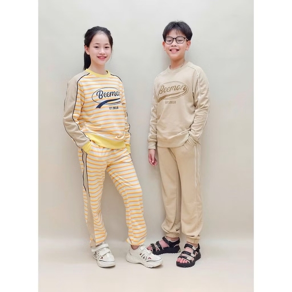 Bộ nỉ Beemon dài tay 3 màu be, kẻ vàng, đen cho bé