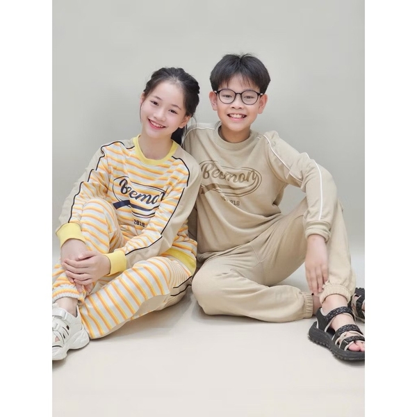 Bộ nỉ Beemon dài tay 3 màu be, kẻ vàng, đen cho bé