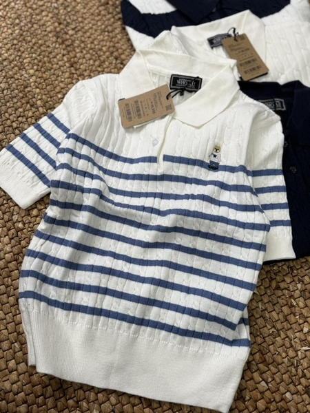 Áo len Polo Who.A.U cộc tay thêu gấu 4 màu trắng, navy, kẻ ngang