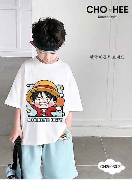 Bộ cotton D. Luffy One Piece Cho Hee áo cộc tay trắng quần xanh