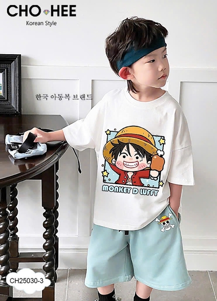 Bộ cotton D. Luffy One Piece Cho Hee áo cộc tay trắng quần xanh
