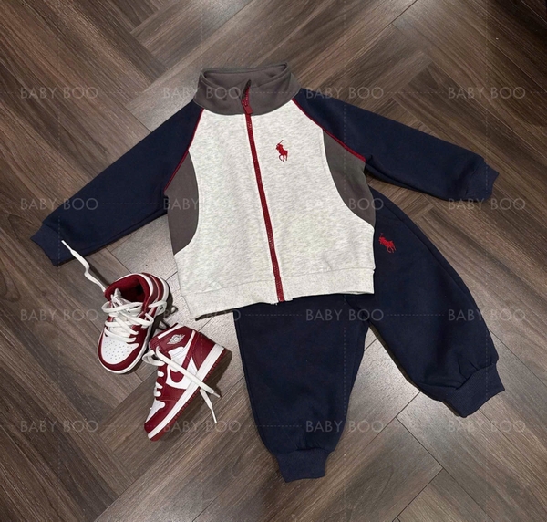 Bộ nỉ áo khoác raglan xám xanh thêu ngựa mix quần bo gấu