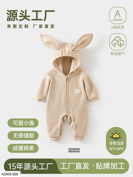 Body bông tai thỏ 4 màu be, hồng, nâu, xanh cho bé