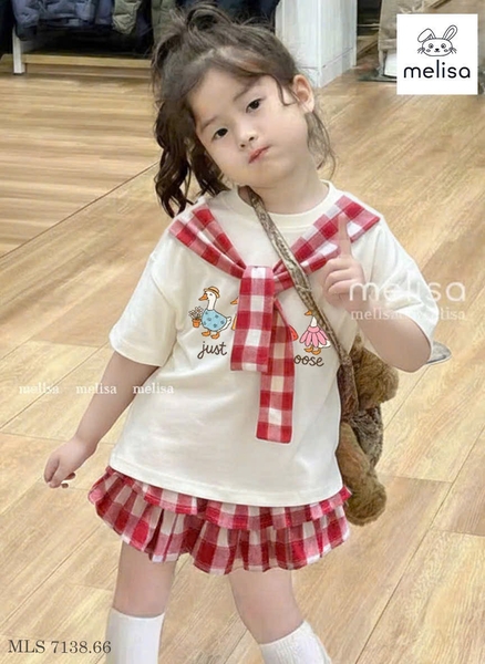 Bộ áo trắng chân váy kẻ đỏ kèm khăn Just a silly goose Melisa