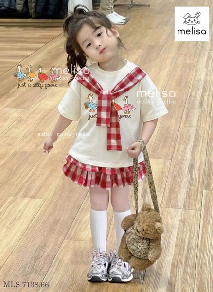Bộ áo trắng chân váy kẻ đỏ kèm khăn Just a silly goose Melisa