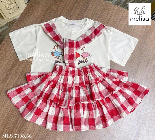 Bộ áo trắng chân váy kẻ đỏ kèm khăn Just a silly goose Melisa