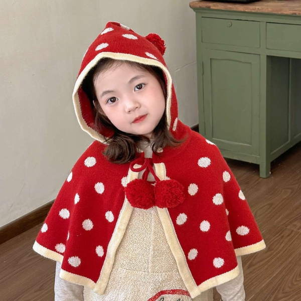 Áo choàng chấm bi có mũ cho bé
