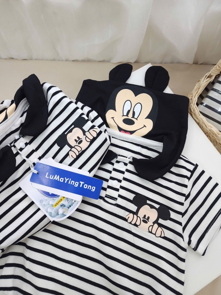 Body cotton Mickey cổ thủy thủ kẻ ngang đen trắng