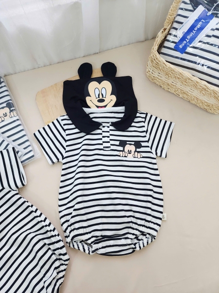 Body cotton Mickey cổ thủy thủ kẻ ngang đen trắng