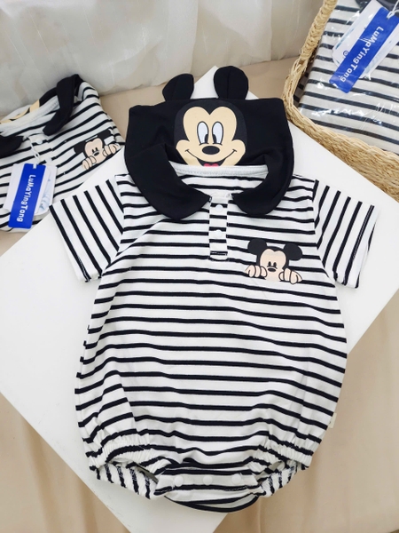 Body cotton Mickey cổ thủy thủ kẻ ngang đen trắng