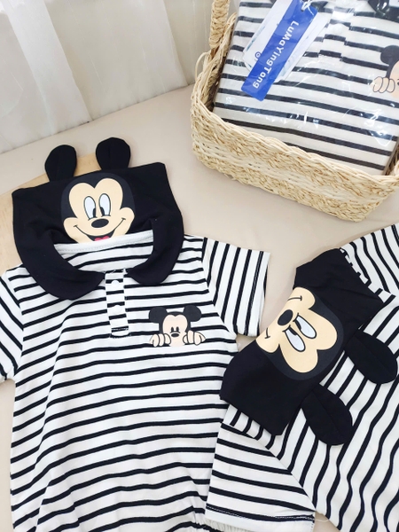 Body cotton Mickey cổ thủy thủ kẻ ngang đen trắng