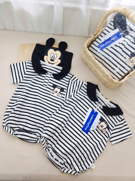Body cotton Mickey cổ thủy thủ kẻ ngang đen trắng