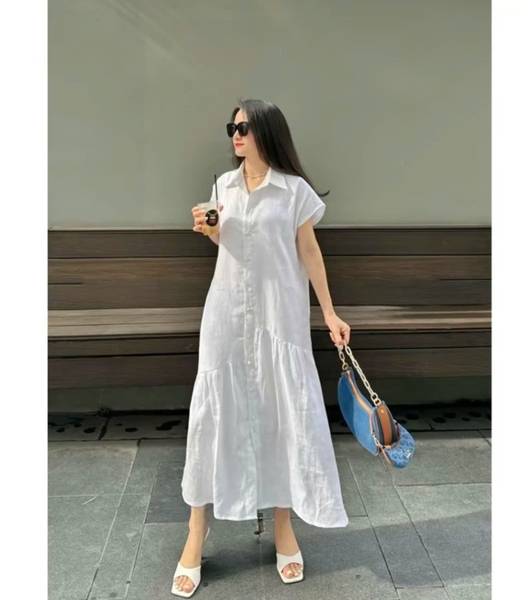 Váy linen cổ đức MNG 2 màu trắng, hồng dáng đuôi cá