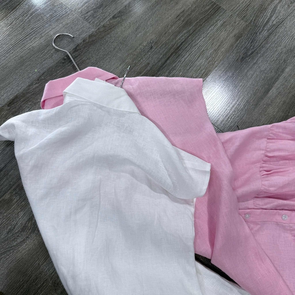 Váy linen cổ đức MNG 2 màu trắng, hồng dáng đuôi cá