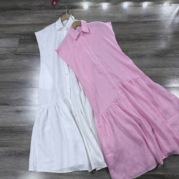 Váy linen cổ đức MNG 2 màu trắng, hồng dáng đuôi cá