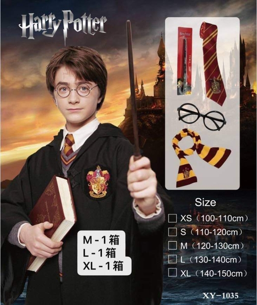 Set hóa trang Halloween Harry Potter 5 món gồm kính, cavat, khăn, gậy, áo choàng kèm mũ