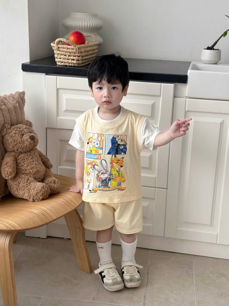 Set 2 bộ cộc tay Zootopia tay phối màu cam, be cho bé