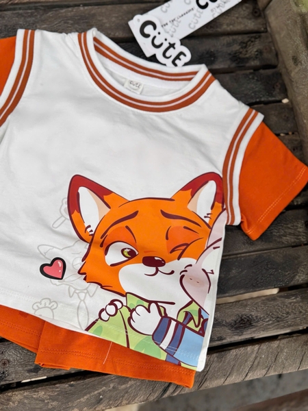Set 2 bộ cộc tay Zootopia tay phối màu cam, be cho bé