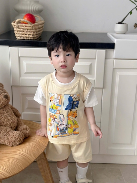 Set 2 bộ cộc tay Zootopia tay phối màu cam, be cho bé