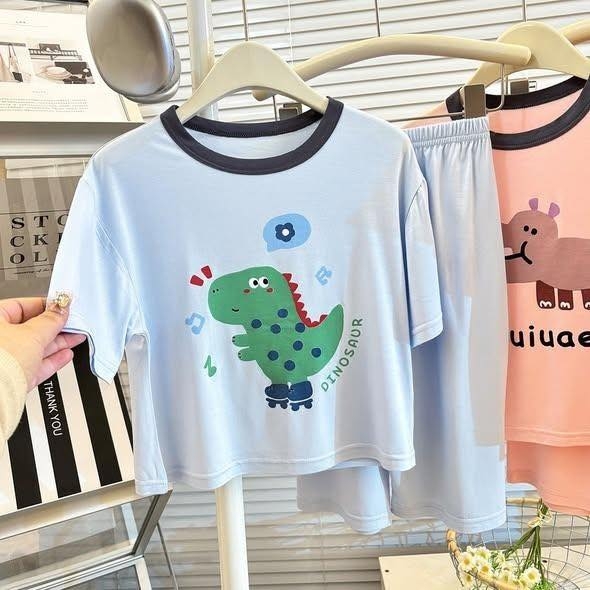 Bộ ngủ cộc tay thun điều hoà kháng khuẩn 4 màu hồng, kem, xanh bơ, xanh dương