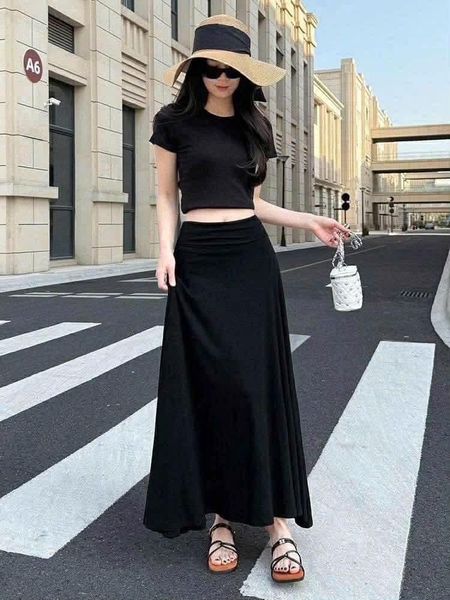 Chân váy dài xoè thun mềm đen, xám, trắng