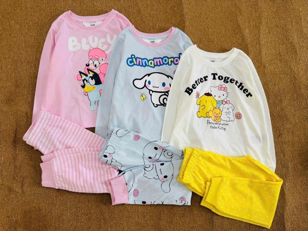 Bộ cotton dài tay Hiunikids 8 mẫu Cinnamoroll, Bướm, Thỏ xanh, Ngựa Unicorn, Hello kitty, Kuromi hồng, Kuromi tím, Bluey