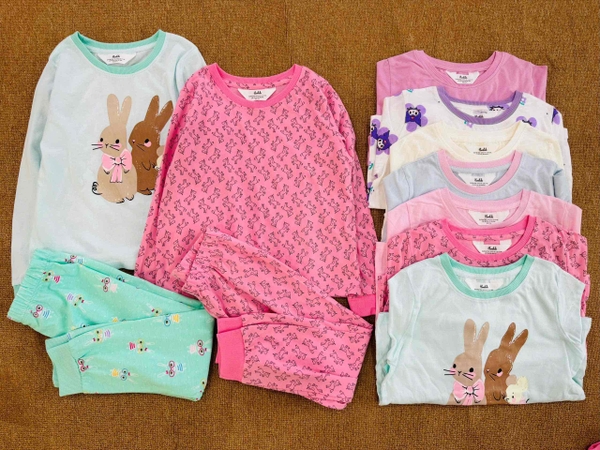 Bộ cotton dài tay Hiunikids 8 mẫu Cinnamoroll, Bướm, Thỏ xanh, Ngựa Unicorn, Hello kitty, Kuromi hồng, Kuromi tím, Bluey