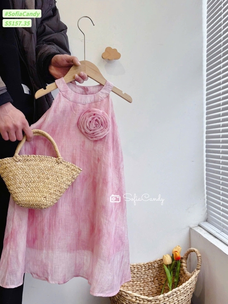 Váy yếm voan loang hồng đính hoa Sofia Candy