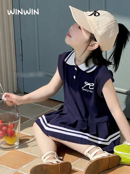Váy cotton polo tay hến SIZE 9-14Y hình nơ chân váy xếp ly WinWin 3 màu xanh, trắng, hồng