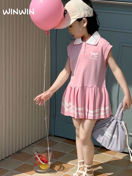 Váy cotton polo tay hến SIZE 3-8Y hình nơ chân váy xếp ly WinWin 3 màu xanh, trắng, hồng