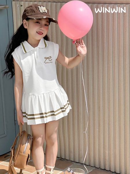 Váy cotton polo tay hến SIZE 9-14Y hình nơ chân váy xếp ly WinWin 3 màu xanh, trắng, hồng