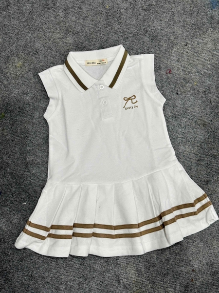 Váy cotton polo tay hến SIZE 9-14Y hình nơ chân váy xếp ly WinWin 3 màu xanh, trắng, hồng