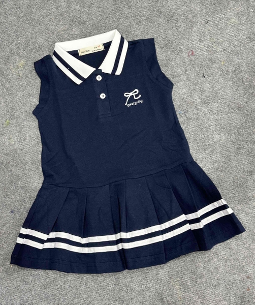 Váy cotton polo tay hến SIZE 9-14Y hình nơ chân váy xếp ly WinWin 3 màu xanh, trắng, hồng