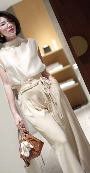 Quần suông dài H's LINEN thắt dây cạp cao 3 màu đen, trắng, be
