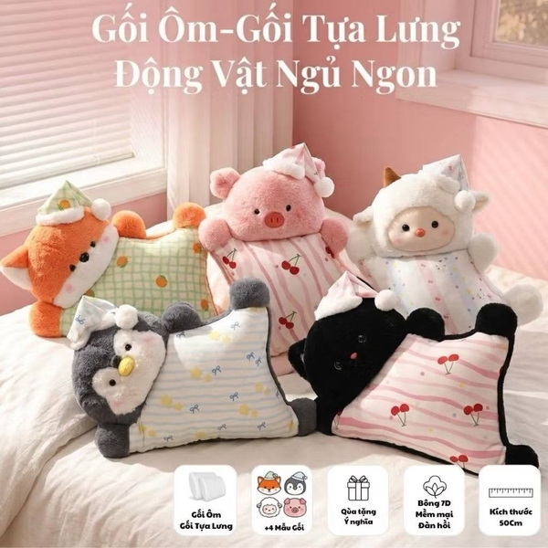 Gối ôm, tựa lưng động vật 5 mẫu Chim cánh cụt, Cừu trắng, Mèo đen, Cáo cam, Heo hồng
