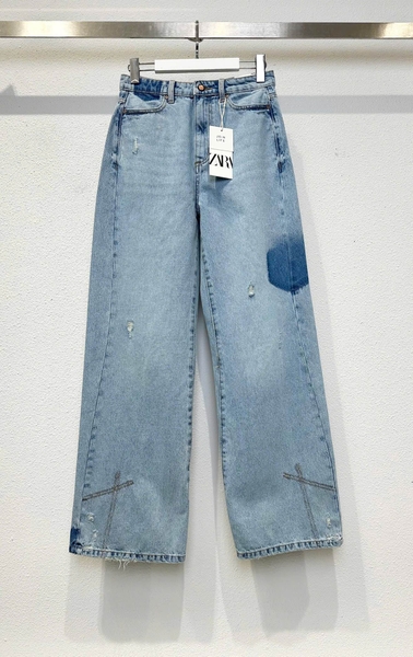 Quần jean suông denim phối dáng dài Zara curve leg cho nữ