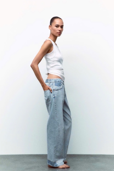 Quần jean suông denim phối dáng dài Zara curve leg cho nữ