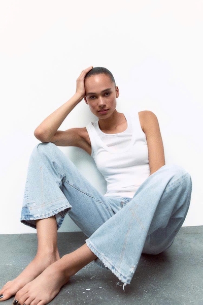Quần jean suông denim phối dáng dài Zara curve leg cho nữ