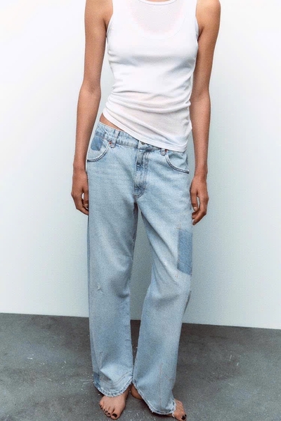 Quần jean suông denim phối dáng dài Zara curve leg cho nữ