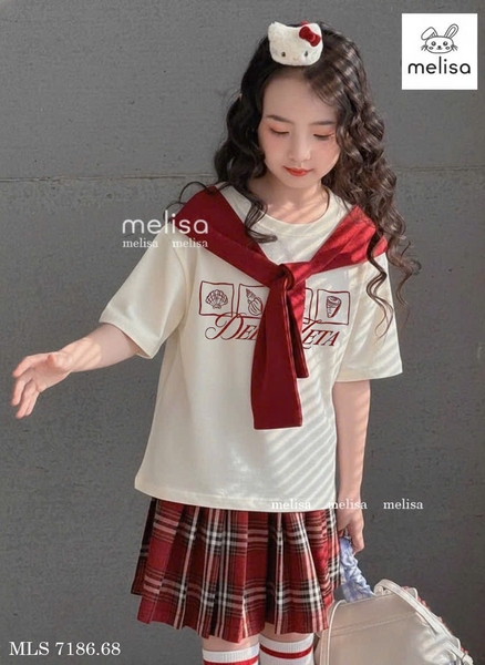 Bộ cộc tay Melisa áo be chân váy kẻ đỏ thắt khăn Delta Leta