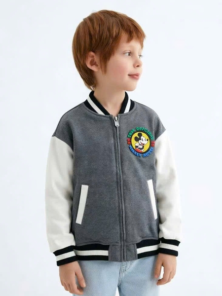 Áo khoác bomber nỉ bông Mickey Disney xám tay trắng