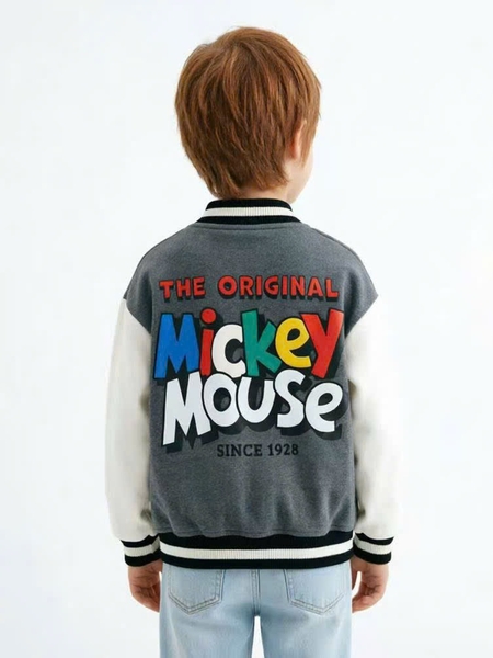 Áo khoác bomber nỉ bông Mickey Disney xám tay trắng