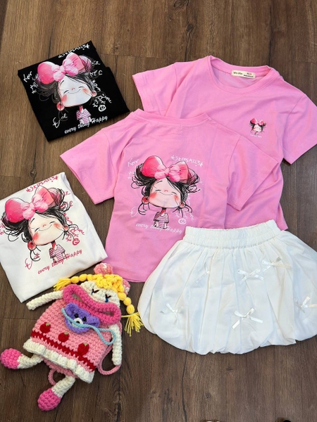 Áo phông Size 8-14Y in hình cô gái Win-Win cộc tay 3 màu đen, trắng, hồng